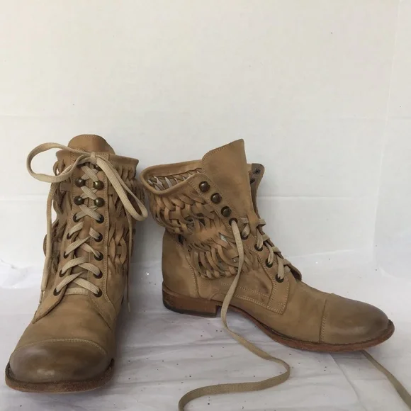 Barney's New York Brown Woven Leather Combat Boot 38.5 Lace up Bohemian Unique